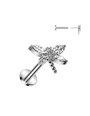 Piercing libellule argenté push-in – Acier avec zircons