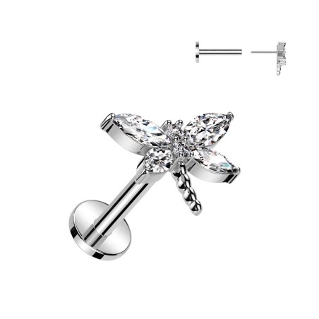 Piercing libellule argenté push-in – Acier avec zircons
