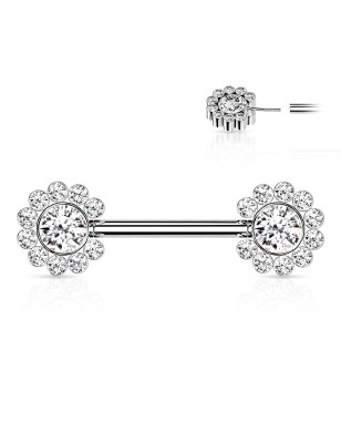 Piercing téton fleurs argentées push-in – Acier avec zircons