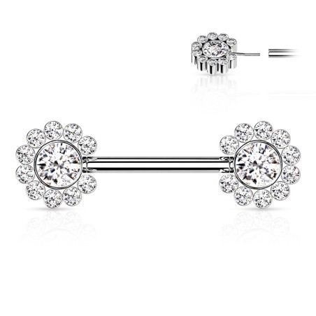 Piercing téton fleurs argentées push-in – Acier avec zircons