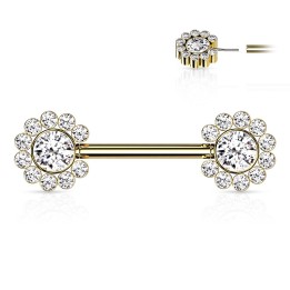 Piercing téton doré fleurs push-in – Acier & zircons