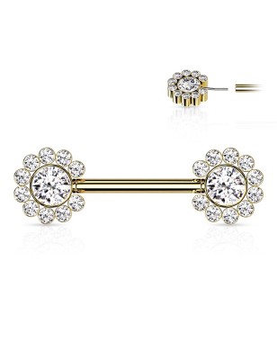 Piercing téton doré fleurs push-in – Acier & zircons