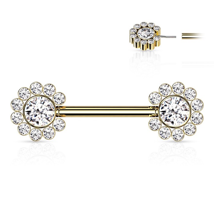 Piercing téton doré fleurs push-in – Acier & zircons