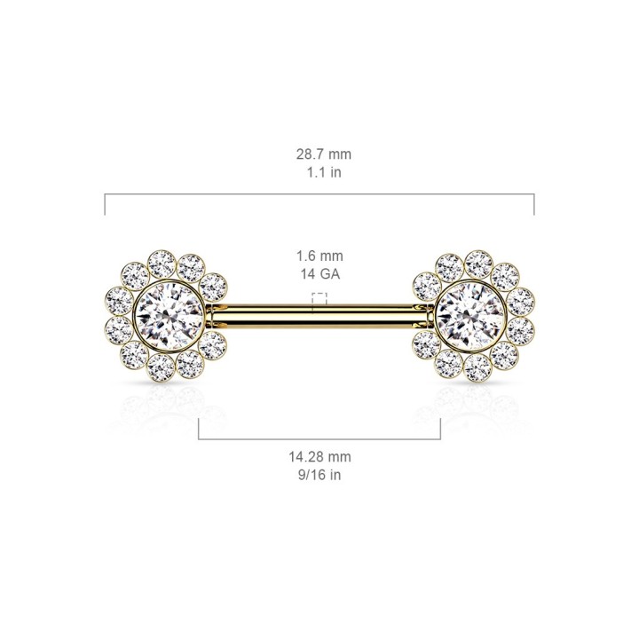 Piercing téton doré fleurs push-in – Acier & zircons