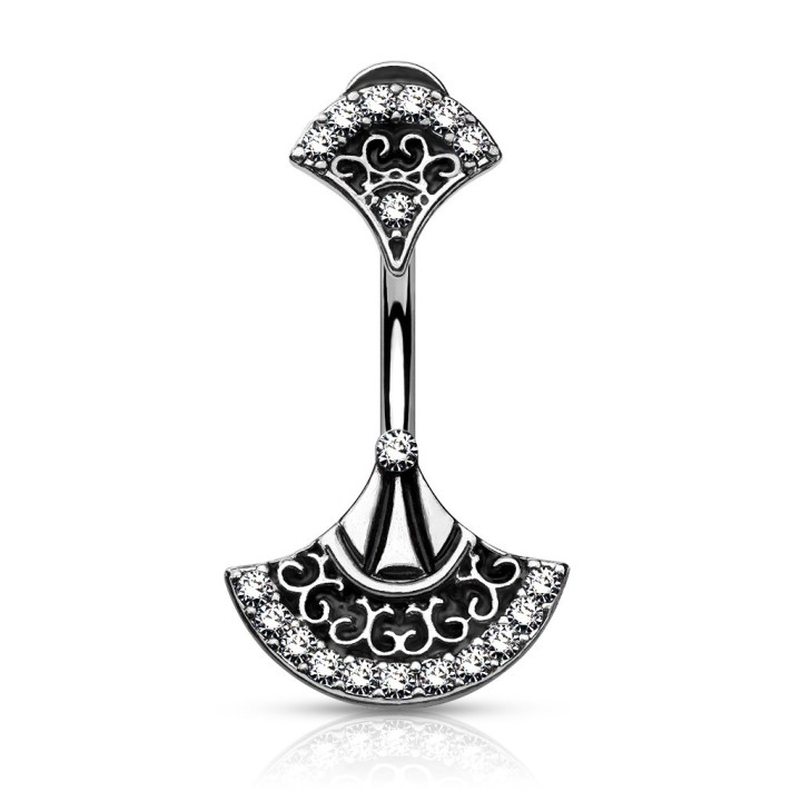 Piercing nombril éventail tribal acier & laiton – Zircons brillants
