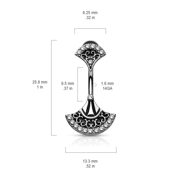 Piercing nombril éventail tribal acier & laiton – Zircons brillants