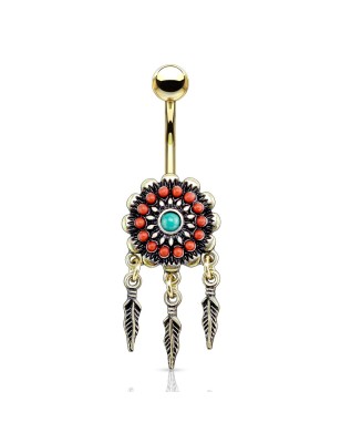 Piercing nombril doré bohème avec plumes | Acier chirurgical