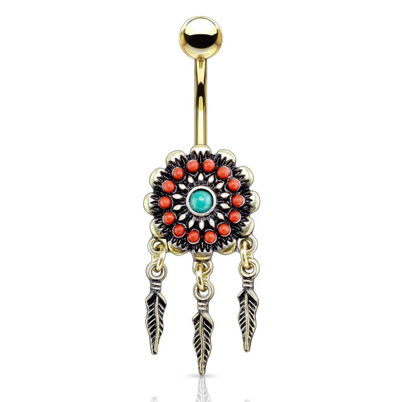 Piercing nombril tribal doré avec plumes