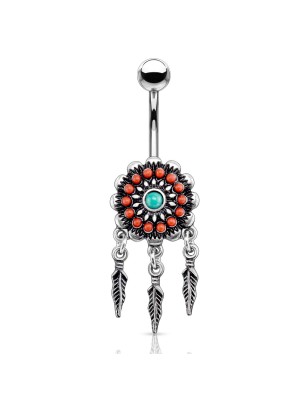 Piercing nombril argenté bohème avec plumes | Acier chirurgical