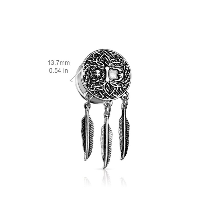 Plug d’oreille acier Lune & Soleil avec plumes – Bijou spirituel