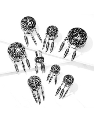 Plug d’oreille acier Lune & Soleil avec plumes – Bijou spirituel