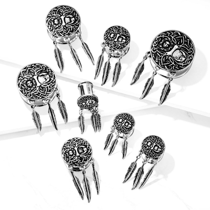 Plug d’oreille acier Lune & Soleil avec plumes – Bijou spirituel