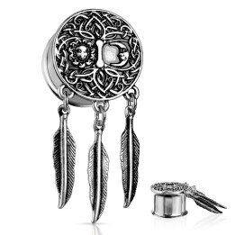 Plug d’oreille acier Lune & Soleil avec plumes – Bijou spirituel
