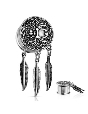 Plug d’oreille acier Lune & Soleil avec plumes – Bijou spirituel