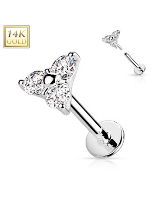 Labret or blanc 14K triangle 3 zircons push-in | Piercing oreille