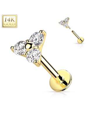 Labret triangle 3 zircons or jaune 14K push-in | Piercing oreille