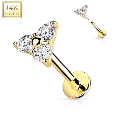 Labret triangle 3 zircons or jaune 14K push-in | Piercing oreille