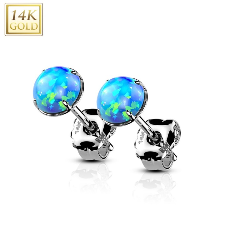 Boucles d’Oreilles Or Blanc 14K avec Opales Bleues – Luxe & Éclat