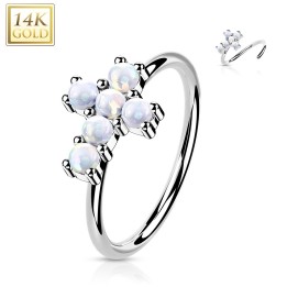 Anneau de nez or blanc 14K croix opales blanches | Piercing fin