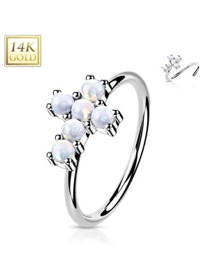 Anneau de nez or blanc 14K croix opales blanches | Piercing fin
