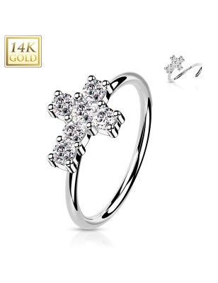 Anneau de nez or blanc 14K croix zircons | Bijou élégant