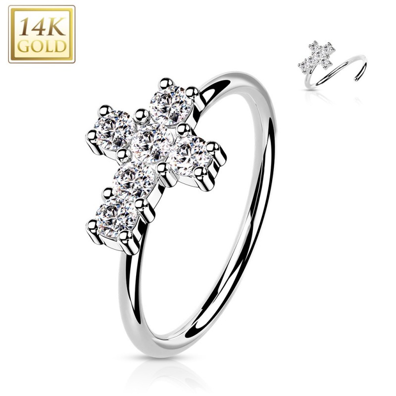 Piercing nez anneau Or blanc 14K croix zircons