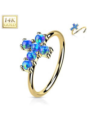 Anneau nez or jaune 14K croix opales bleues | Piercing élégant