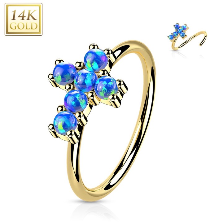 Anneau nez or jaune 14K croix opales bleues | Piercing élégant