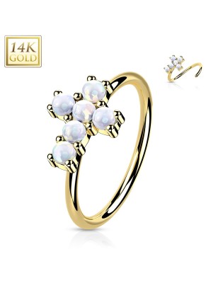 Anneau de nez or jaune 14K avec croix sertie d’opales blanches