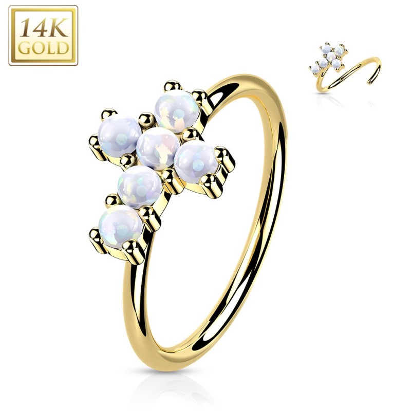 Piercing nez anneau Or jaune 14K croix opales blanches
