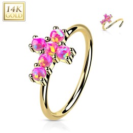 Anneau de nez or jaune 14K croix opales roses | Bijou élégant