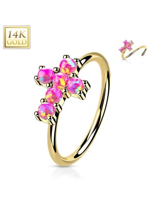 Anneau de nez or jaune 14K croix opales roses | Bijou élégant