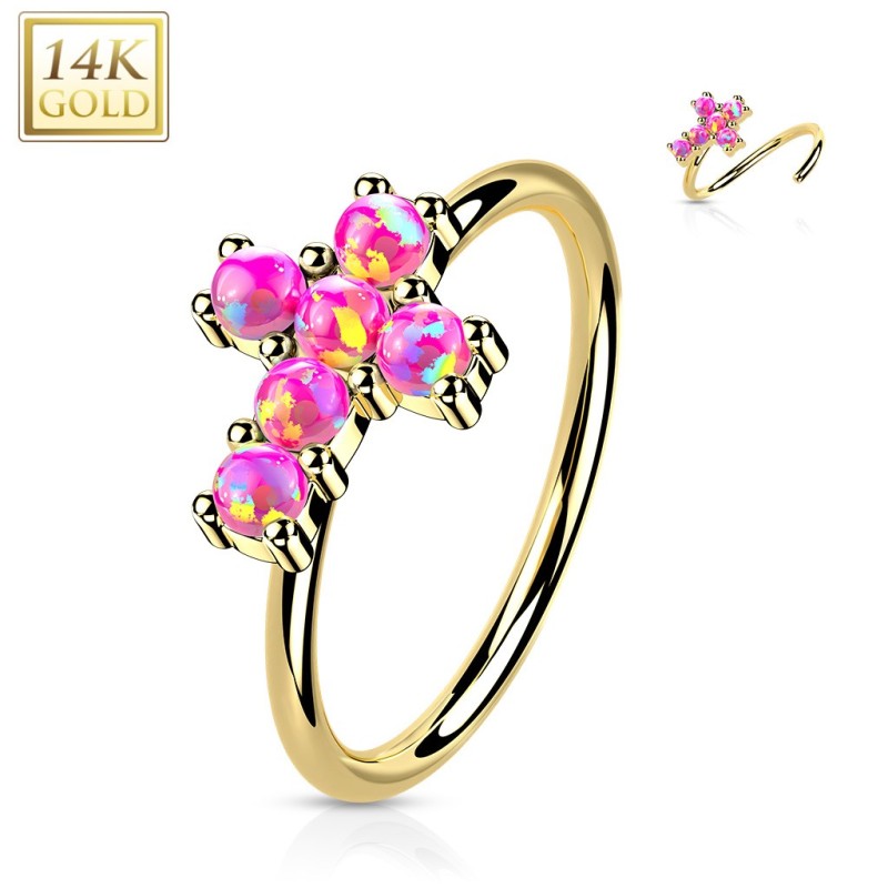 Piercing nez anneau Or jaune 14K croix opales roses