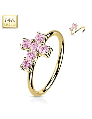Anneau de nez or jaune 14K – Croix zircons roses
