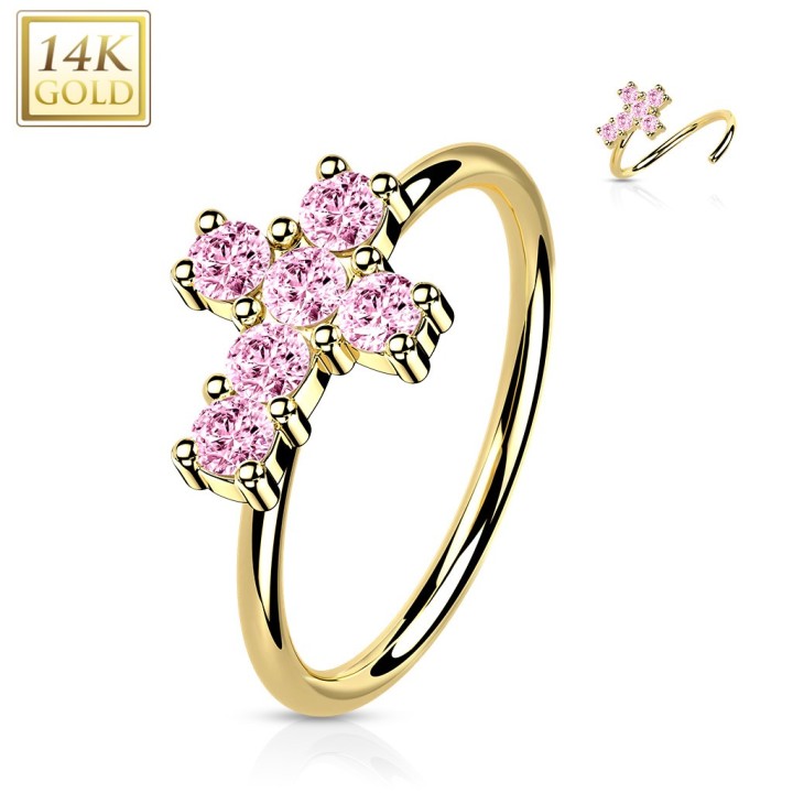 Anneau de nez or jaune 14K – Croix zircons roses