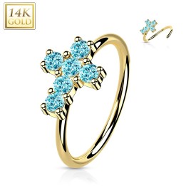 Anneau nez or jaune 14K croix zircons turquoises | Piercing luxe