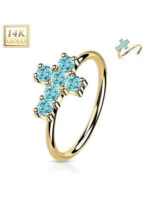 Anneau nez or jaune 14K croix zircons turquoises | Piercing luxe