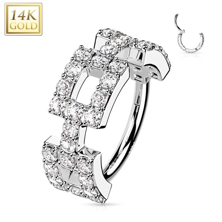 Anneau hélix or blanc 14K rectangulaire pavé zircons