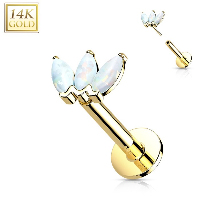Labret or jaune 14K avec 3 opales marquise – Piercing oreille luxe