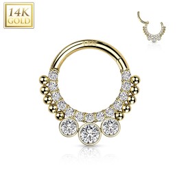 Piercing Oreille Anneau Clicker Or Jaune 14K – Pavé Zircons & 3 Zircons Chaton | Piercing Street