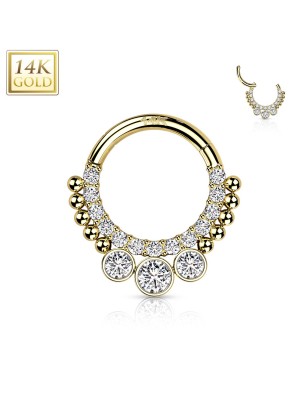 Anneau Septum/Daith Or Jaune 14K – Pavage de Zircons & billes