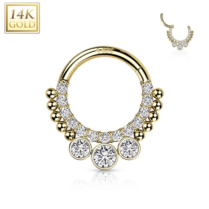 Piercing Oreille Anneau Clicker Or Jaune 14K – Pavé Zircons & 3 Zircons Chaton | Piercing Street