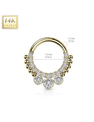 Anneau Septum/Daith Or Jaune 14K – Pavage de Zircons & billes
