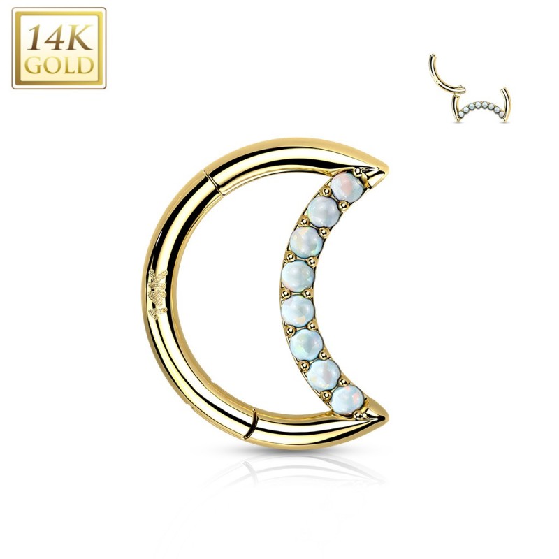 Piercing daith or jaune 14 carats lune pavée d'opales