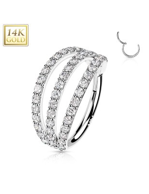 Anneau d’oreille or blanc 14K triple rangée de zircons