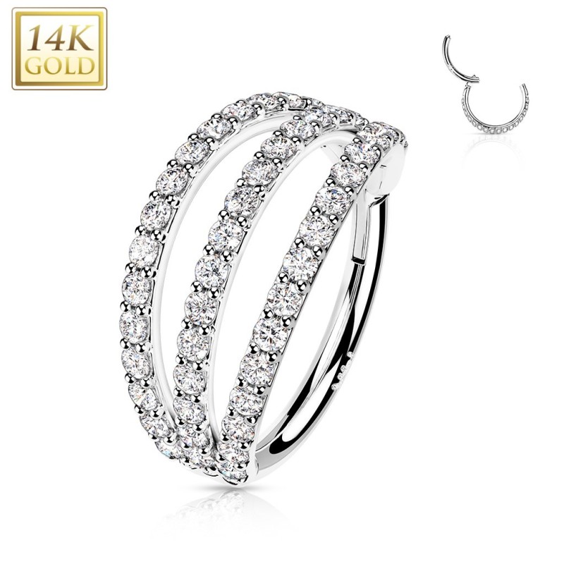 Anneau hélix conch or blanc 14 carats triple zircons