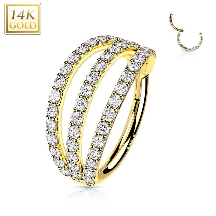 Anneau d’oreille or jaune 14K triple rang zircons – hélix & conch