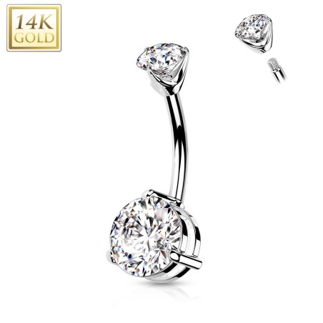 Piercing nombril or blanc 14K avec grand zircon rond et triangle