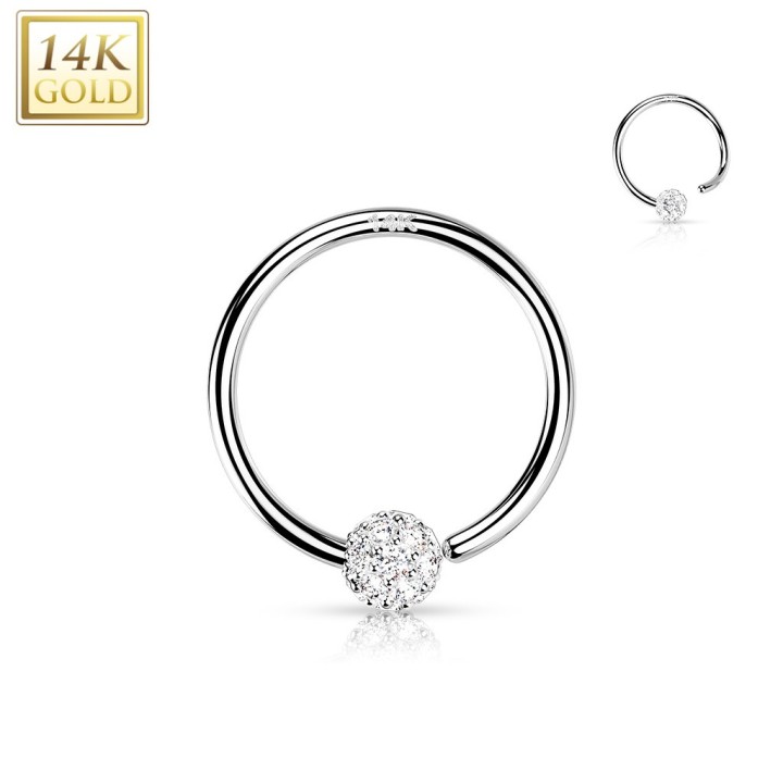 Anneau or blanc 14K flexible avec boule pavée de strass