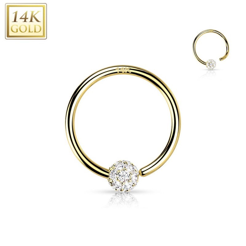 Piercing anneau boule multi strass fixée or jaune 14 carats